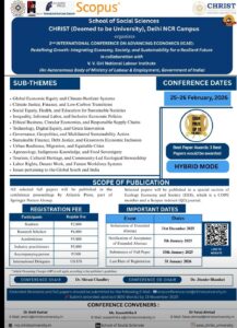 The School of Social Sciences at CHRIST (Deemed to be University), Delhi NCR Campus, is organizing the 2nd International Conference on Advancing Economics (ICAE) in collaboration with V. V. Giri National Labour Institute, an autonomous body under the Ministry of Labour & Employment, Government of India.